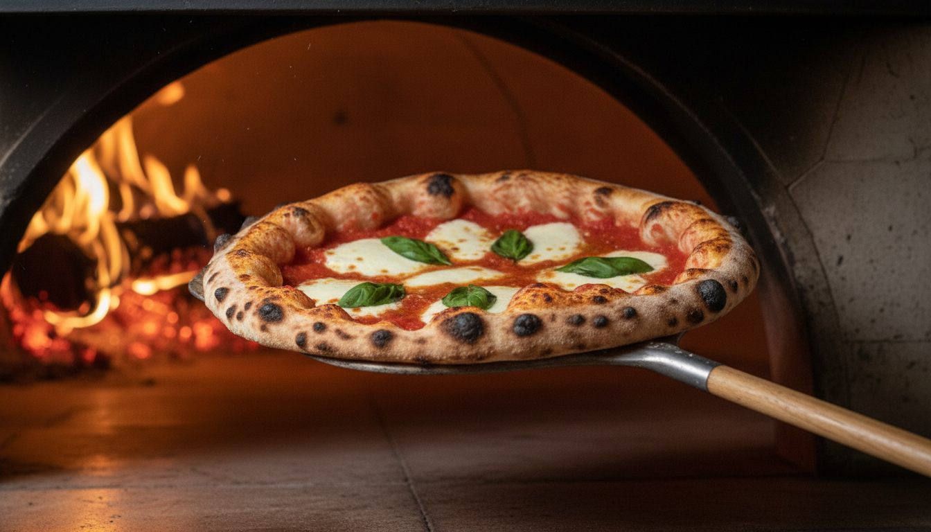 Artisanal pizza with a charred, leopard-spotted crust.