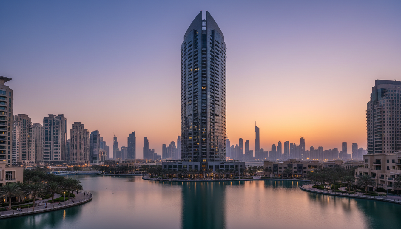 The skyline of JLT Lake View Tower during the golden hour.