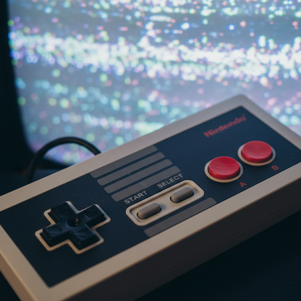 Крупный план классического контроллера NES с красными кнопками A/B на фоне CRT
