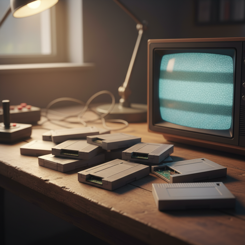 Стопка 8-битных картриджей для NES рядом с ретро-телевизором, тёплый свет
