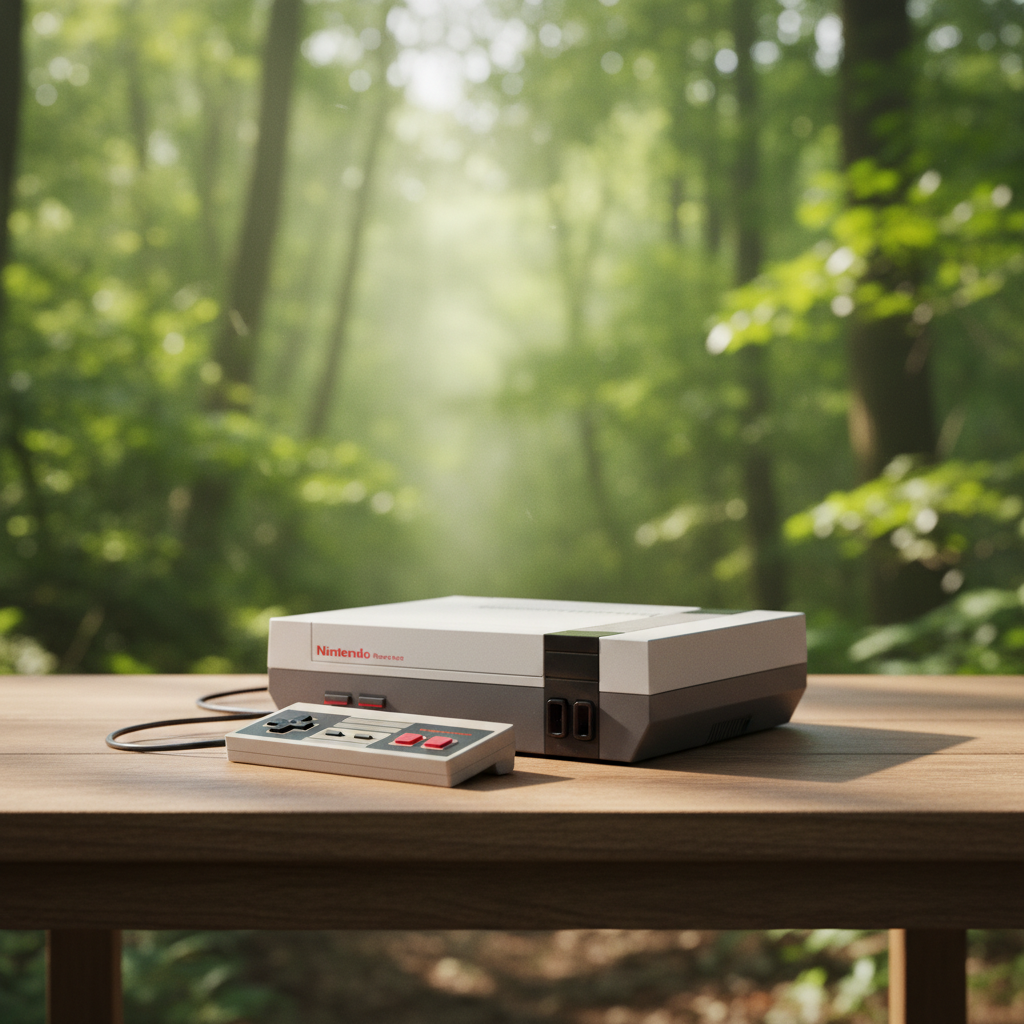 Консоль Nintendo Entertainment System на деревянном столе, студийный свет, ретро-атмосфера — forest background