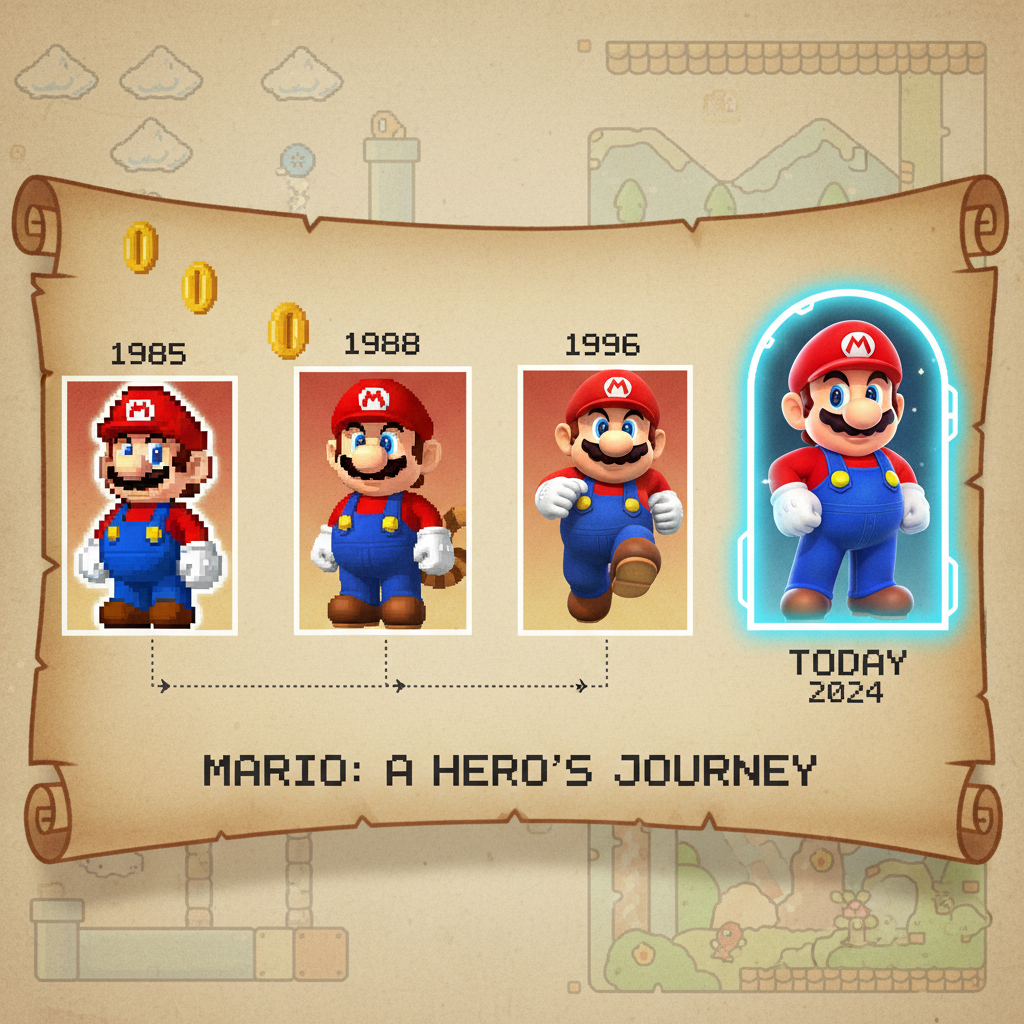 Эволюция дизайна персонажа Марио от 8-бит до современности
