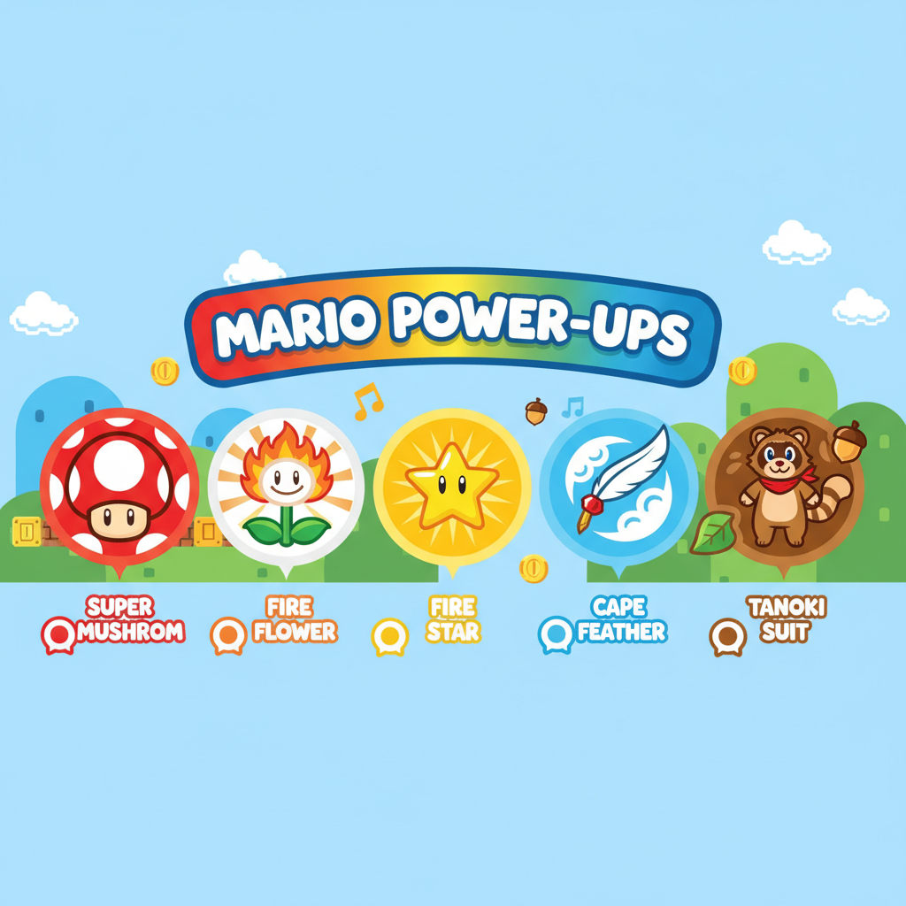 Коллекция power-up предметов из игр о Марио: грибы, цветы, звезды