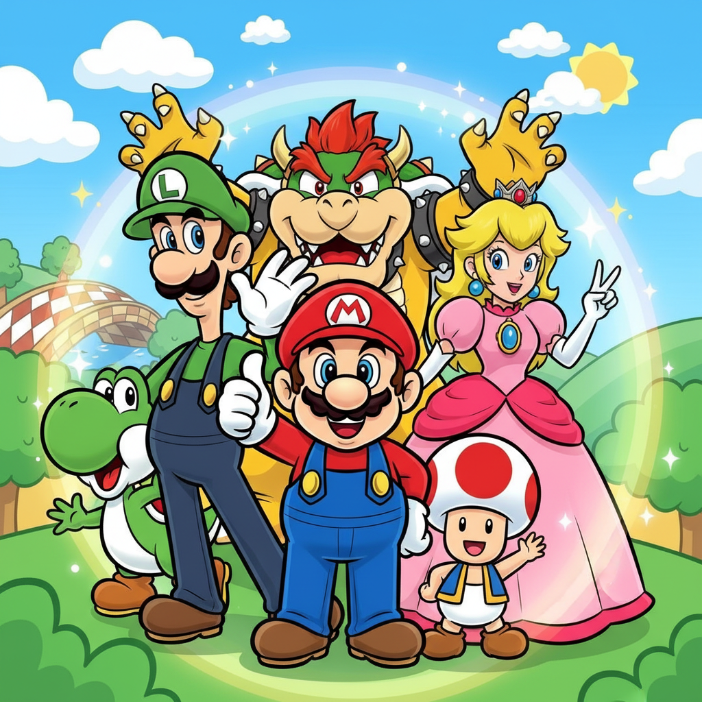 Марио, Луиджи, Принцесса Пич, Тоад, Йоши и Боузер вместе