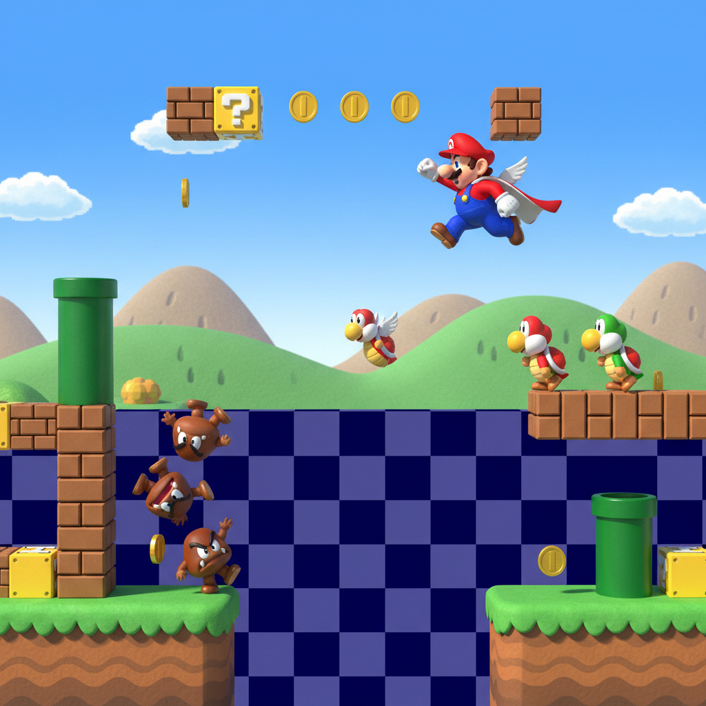 Марио прыгает через препятствия в классическом платформере