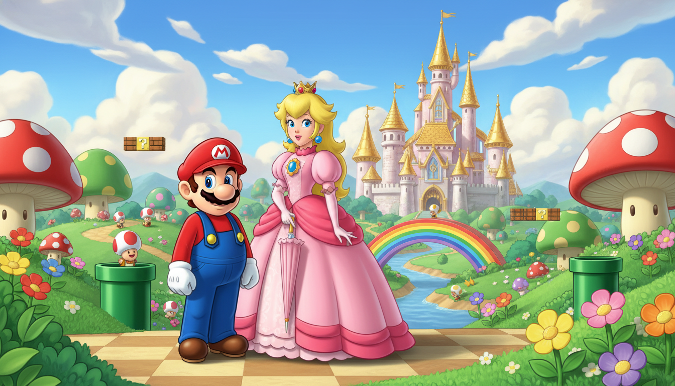 Mario and Princess Peach in the Mushroom Kingdom