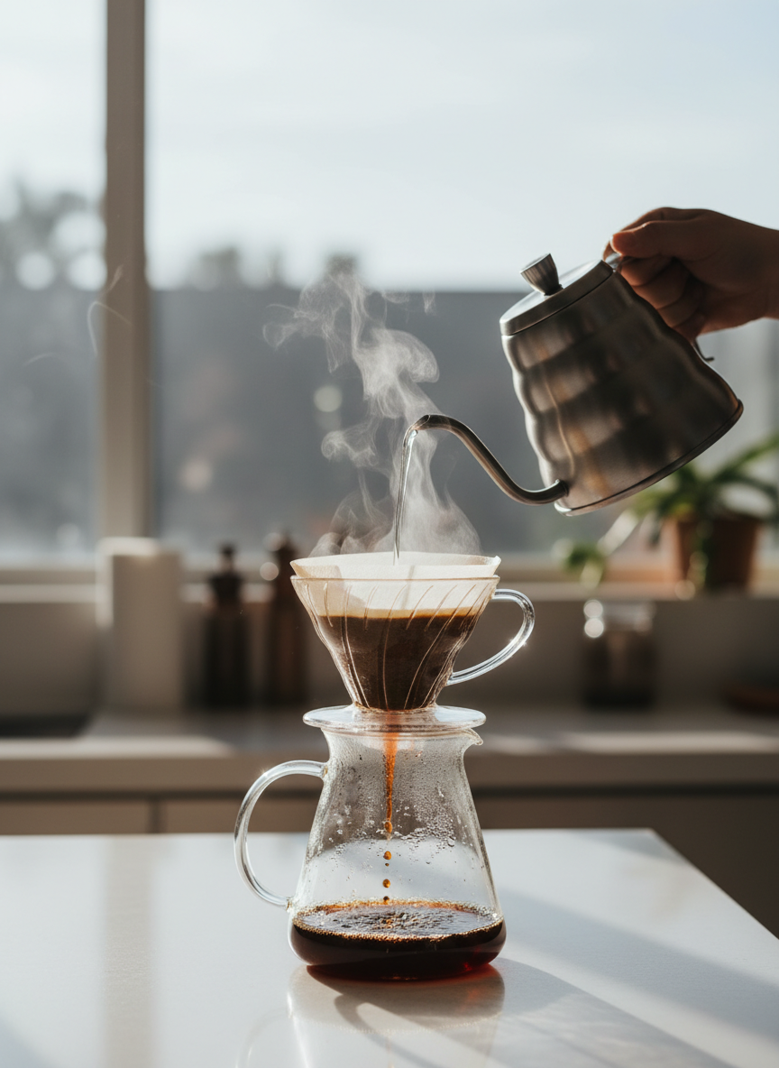Pour-over coffee brewing with V60 dripper and gooseneck kettle