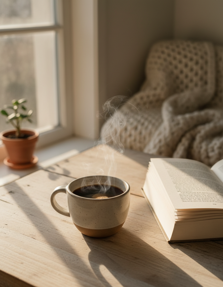 Ceramic coffee cup on wooden table with cozy morning atmosphere