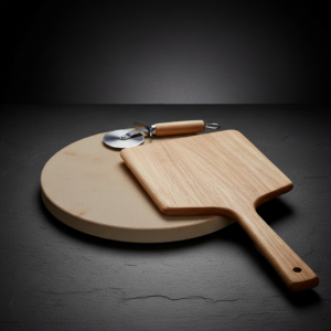 Pizza stone starter kit with stone, wooden peel and pizza cutter on dark background