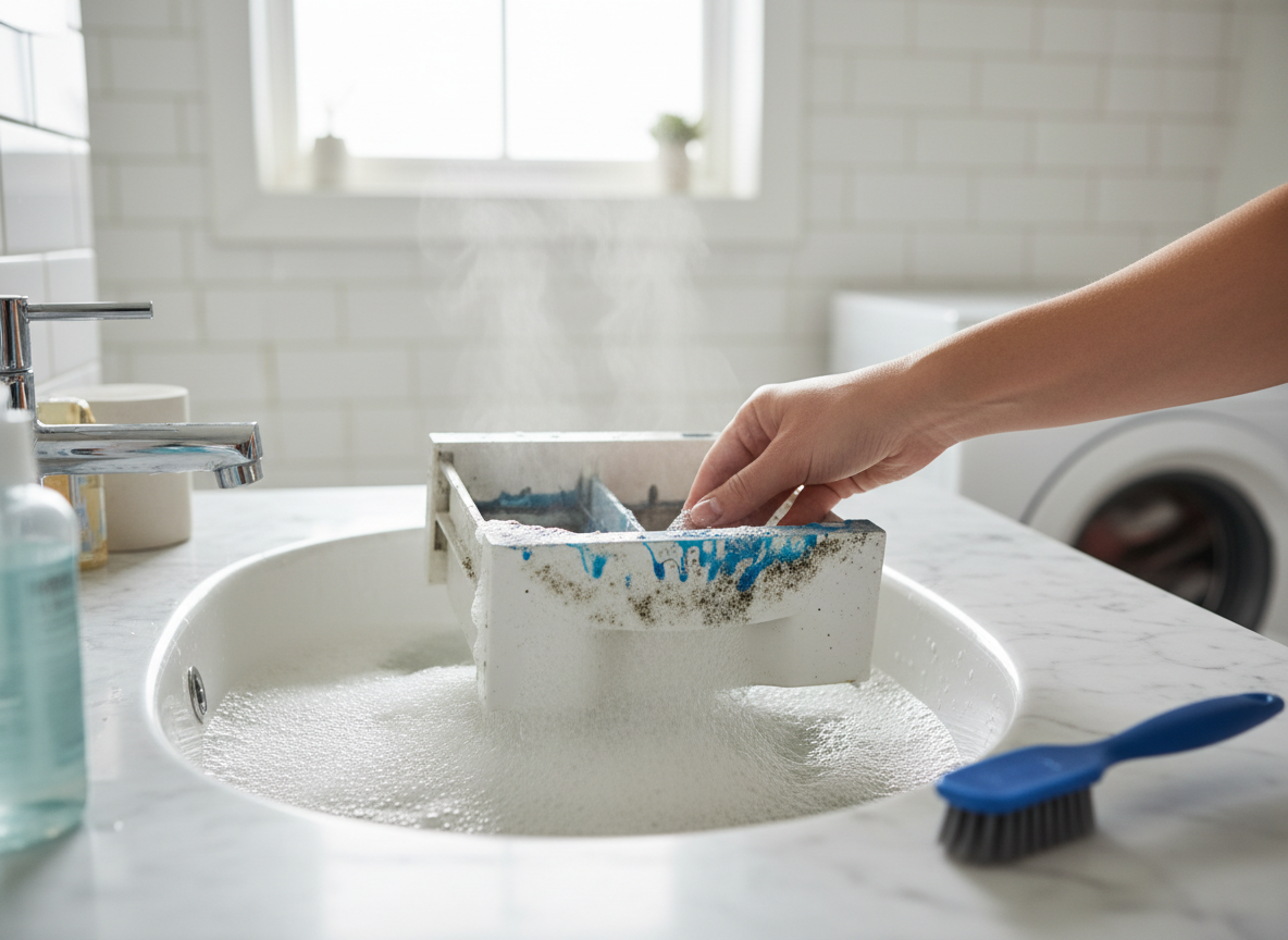 Washing machine detergent drawer being soaked and scrubbed clean