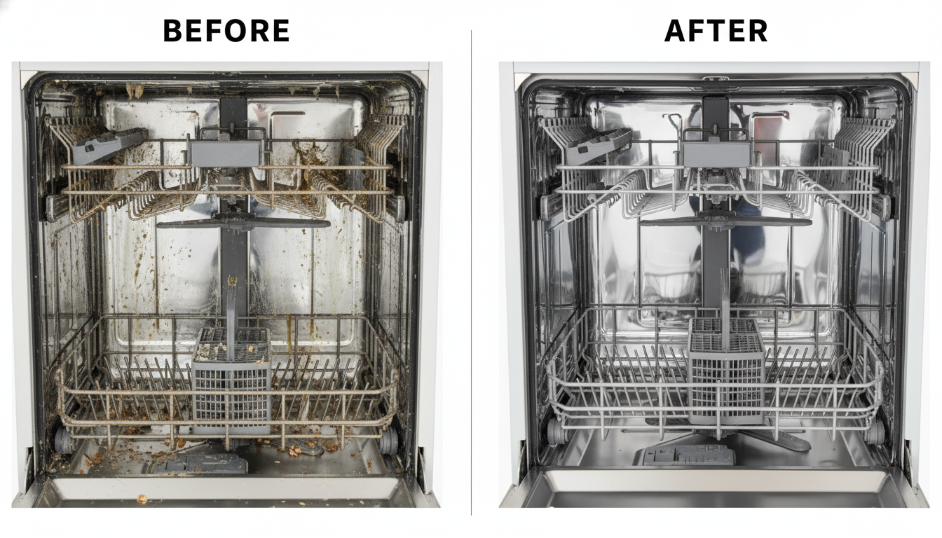 Before and after dishwasher cleaning comparison showing the dramatic difference of regular maintenance