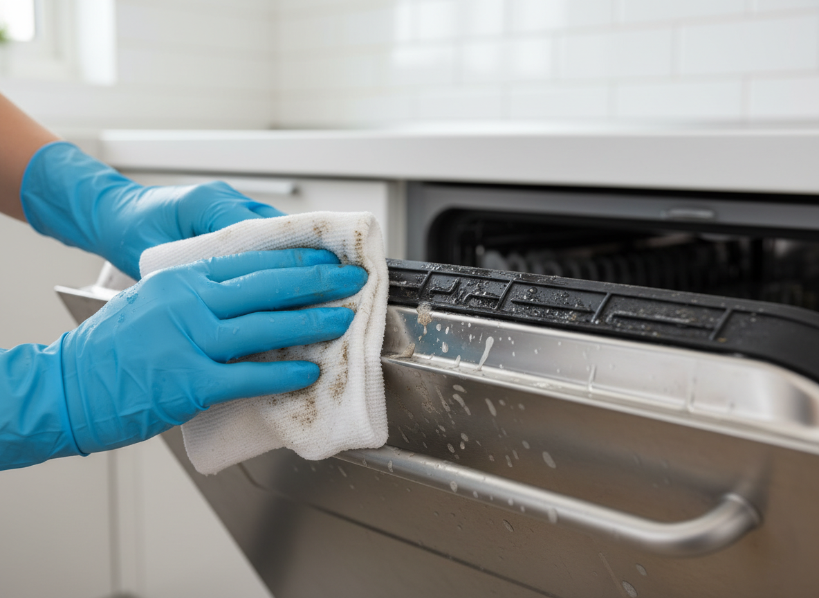 Cleaning dishwasher door gasket seal with damp cloth to remove mold and soap scum