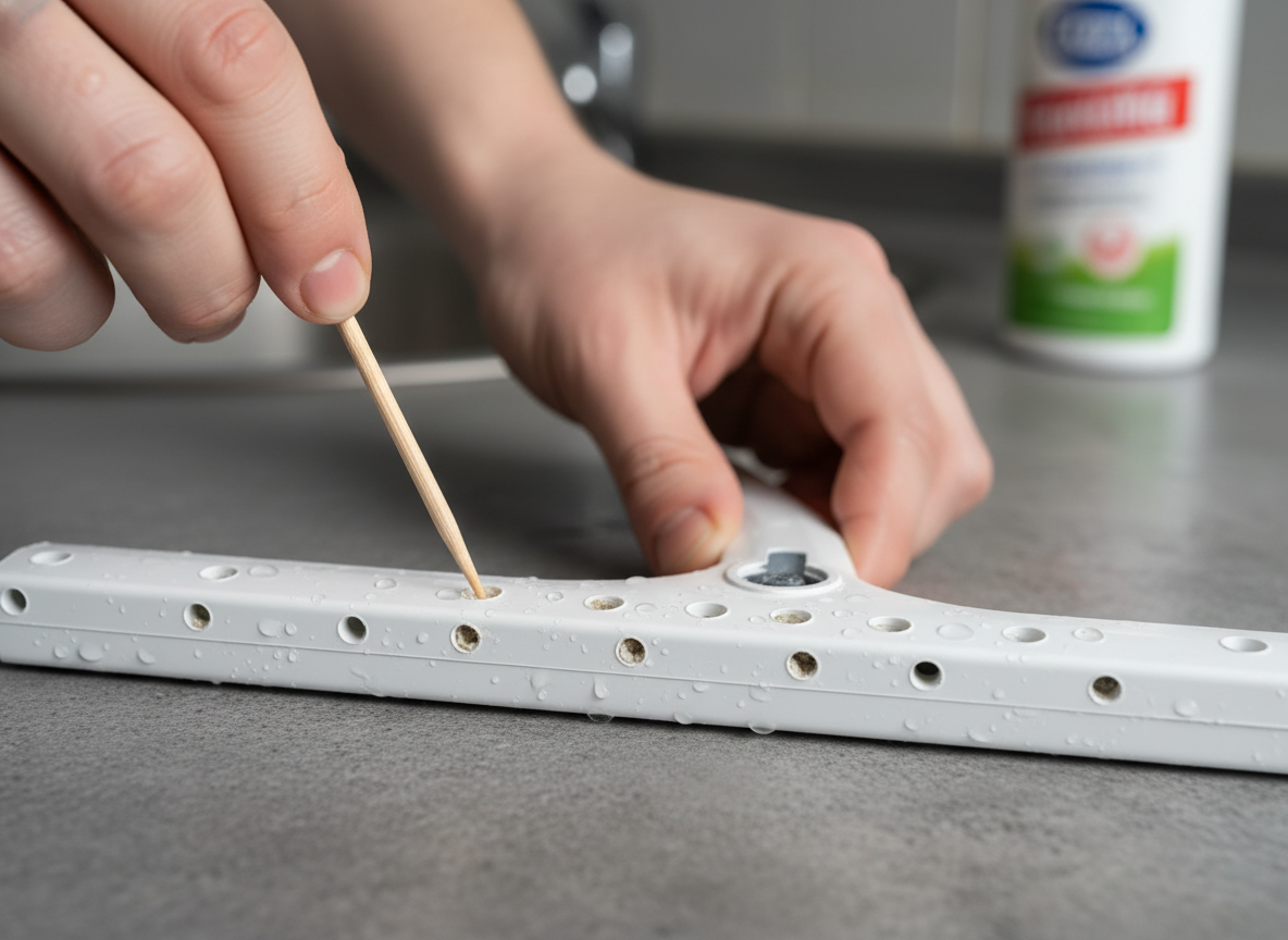 Cleaning dishwasher spray arm nozzles with a toothpick to remove mineral deposits