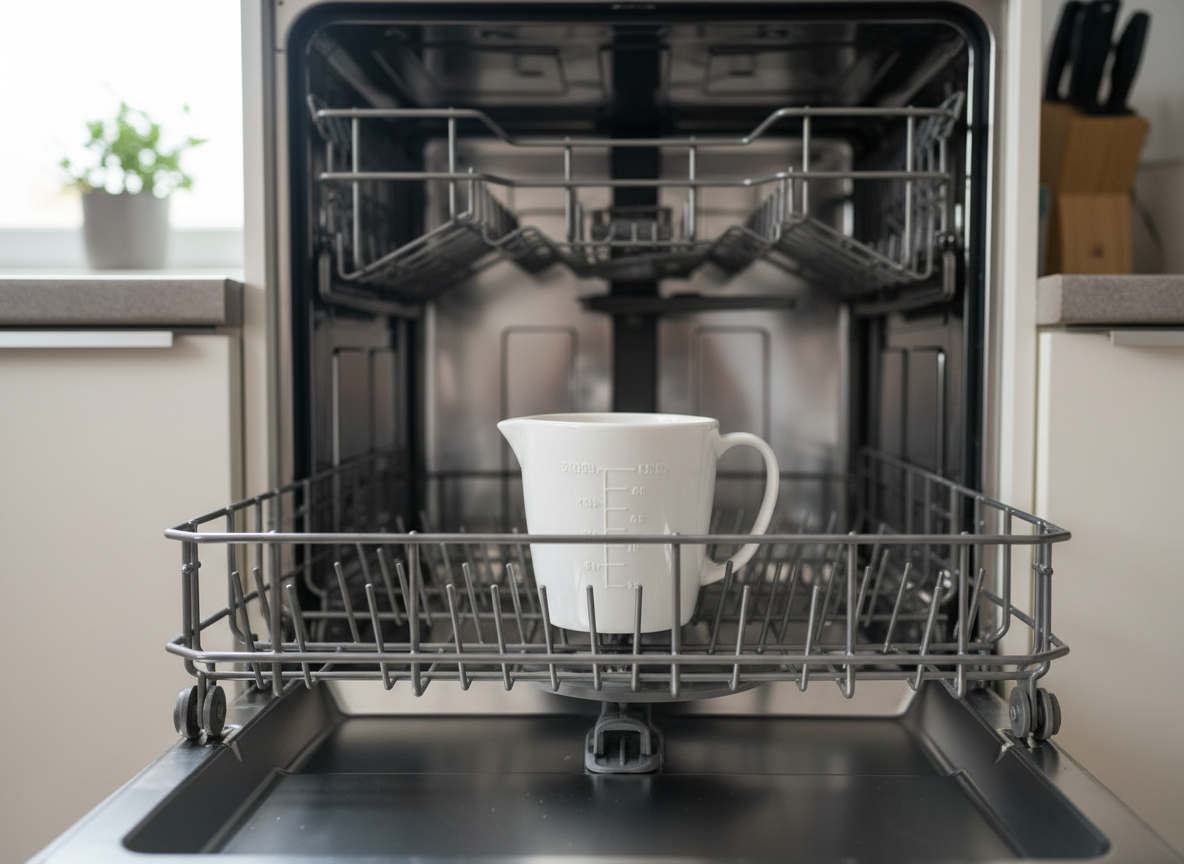 Vinegar cup placed on dishwasher top rack for a natural cleaning and deodorizing cycle
