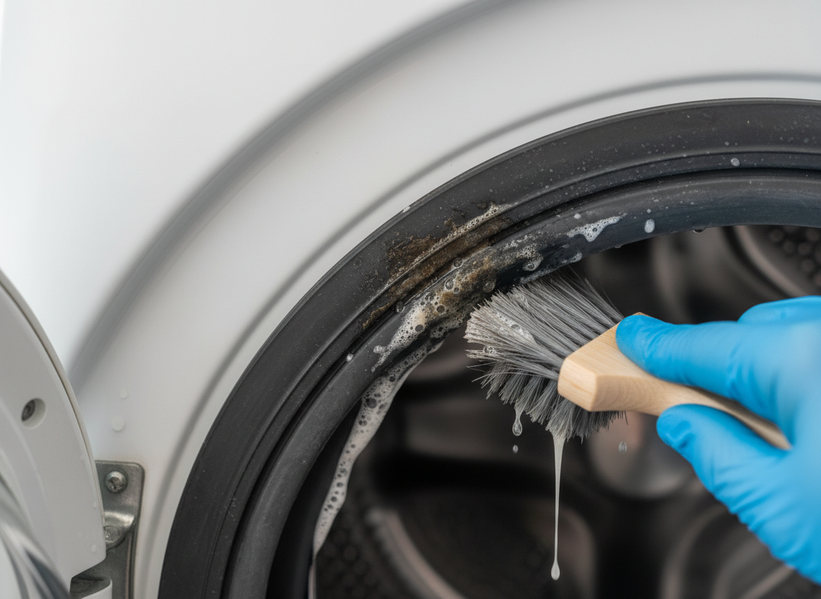 Close-up of rubber door gasket being scrubbed with small brush and vinegar