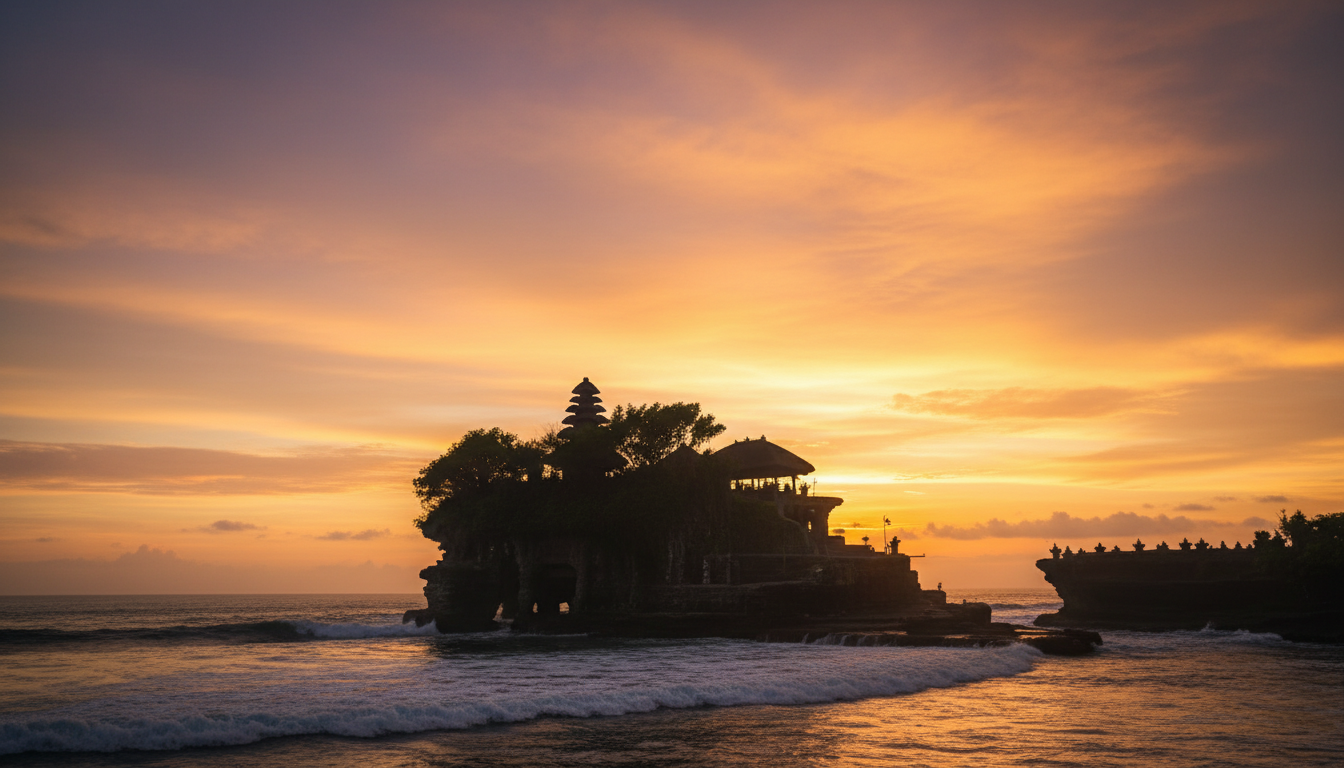 Закат на Бали у храма Танах Лот — силуэт храма на скале над океаном