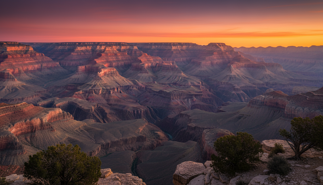 Закат над Гранд-Каньоном — огненное небо над слоями красных скал