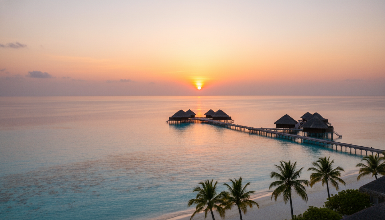 Закат на Мальдивах — тропический рай с бунгало над водой и зеркальным океаном