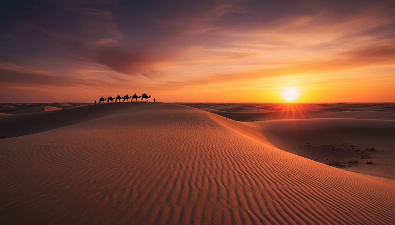 Закат над дюнами Сахары в Марокко — золотые барханы в лучах уходящего солнца