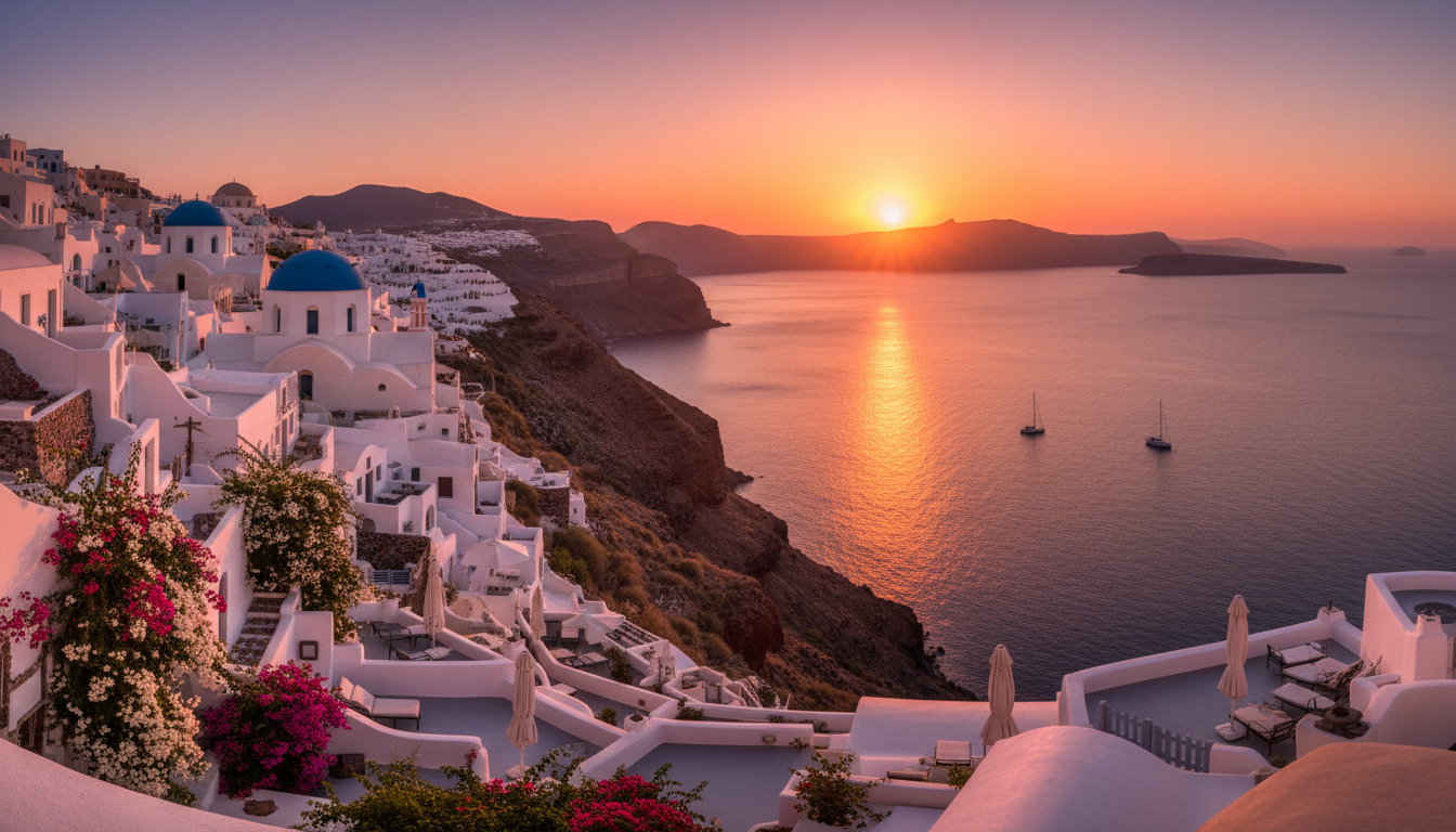 Закат над Санторини — белые дома с голубыми куполами в лучах вечернего солнца