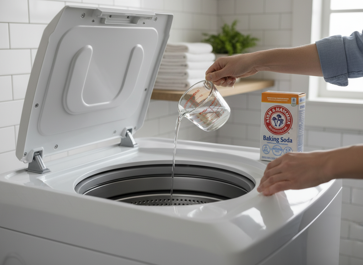 Top-loading washing machine with open lid, vinegar being poured into drum