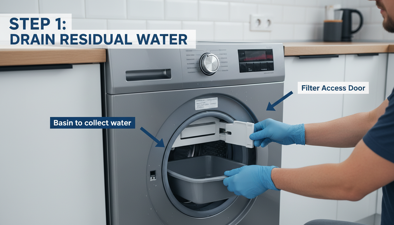 Extracting the washing machine filter - placing basin underneath