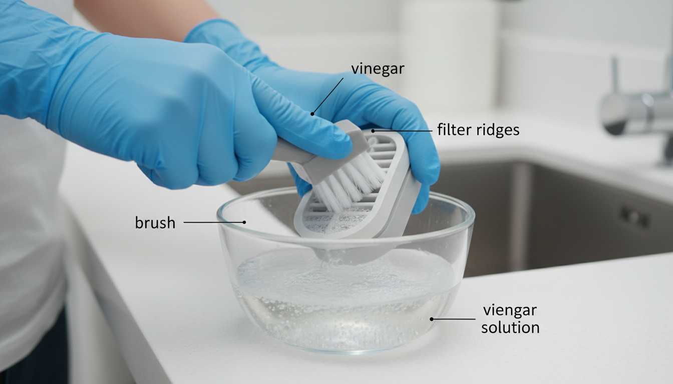 Cleaning washing machine filter with vinegar and brush