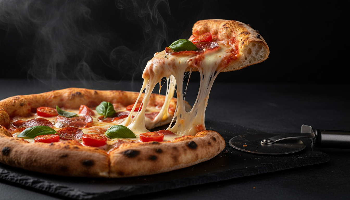 Perfect artisan pizza with melted mozzarella cheese pull at Black Box Pizzaco