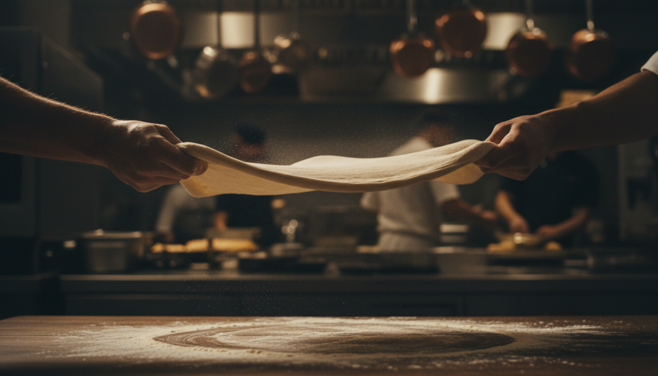 Chef hand-stretching fresh pizza dough in the Black Box Pizzaco kitchen