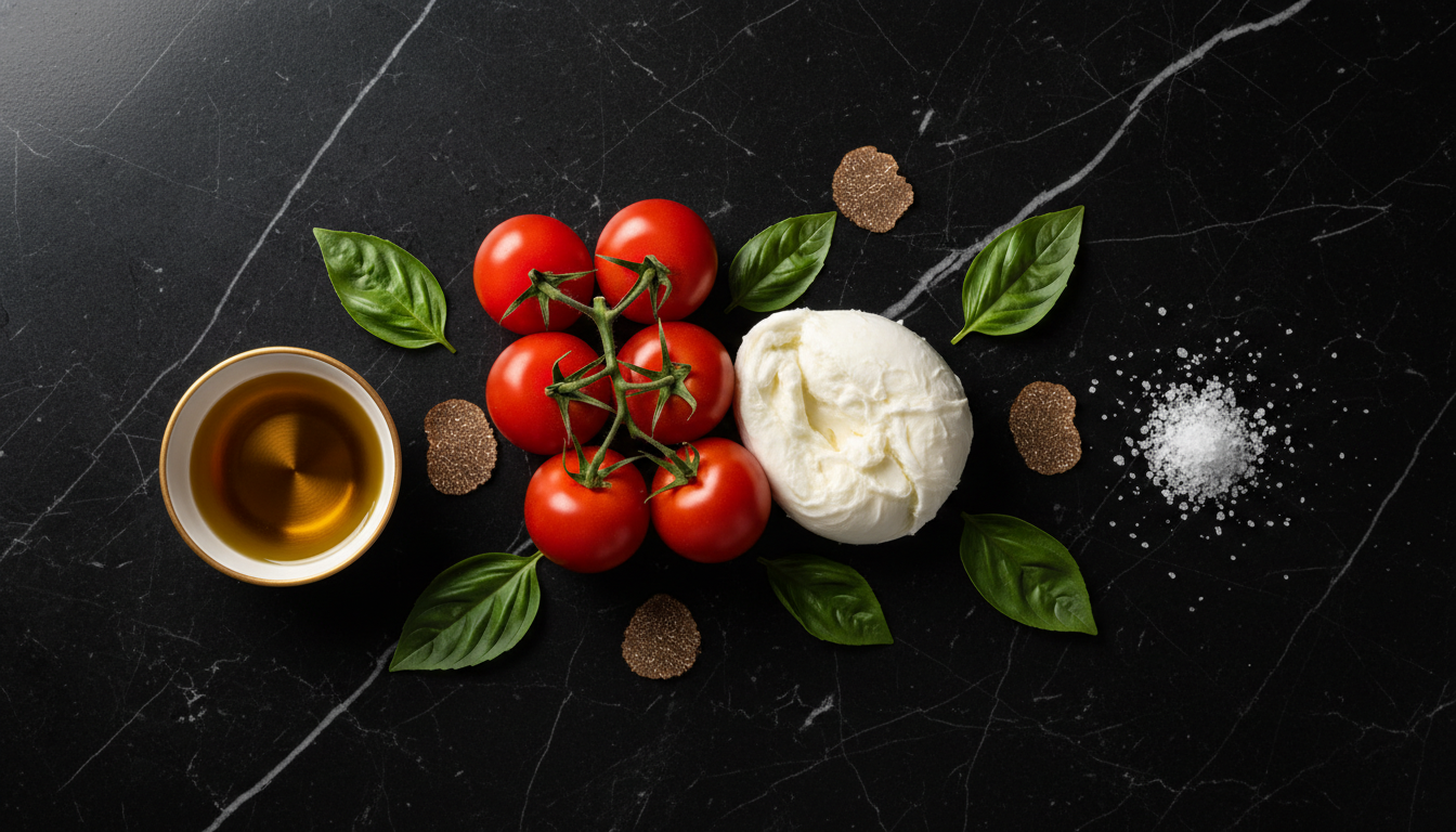 Premium pizza ingredients: San Marzano tomatoes, buffalo mozzarella, basil and black truffles