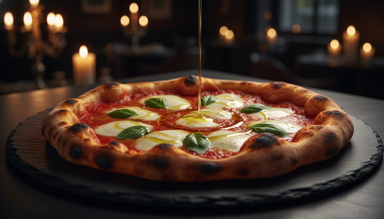 Luxury artisan pizza on black slate plate at Black Box Pizzaco Dubai