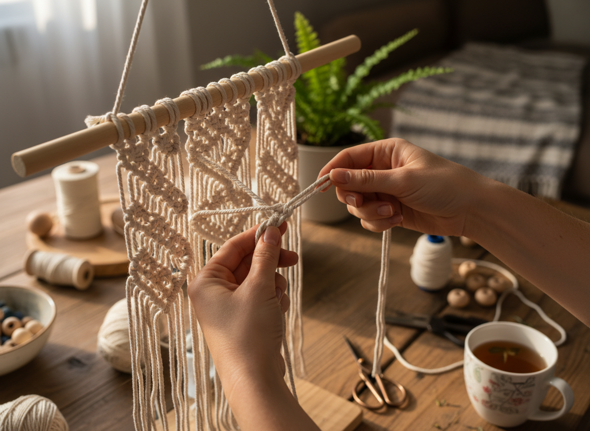 Close-up of hands carefully crafting a handmade macramé piece