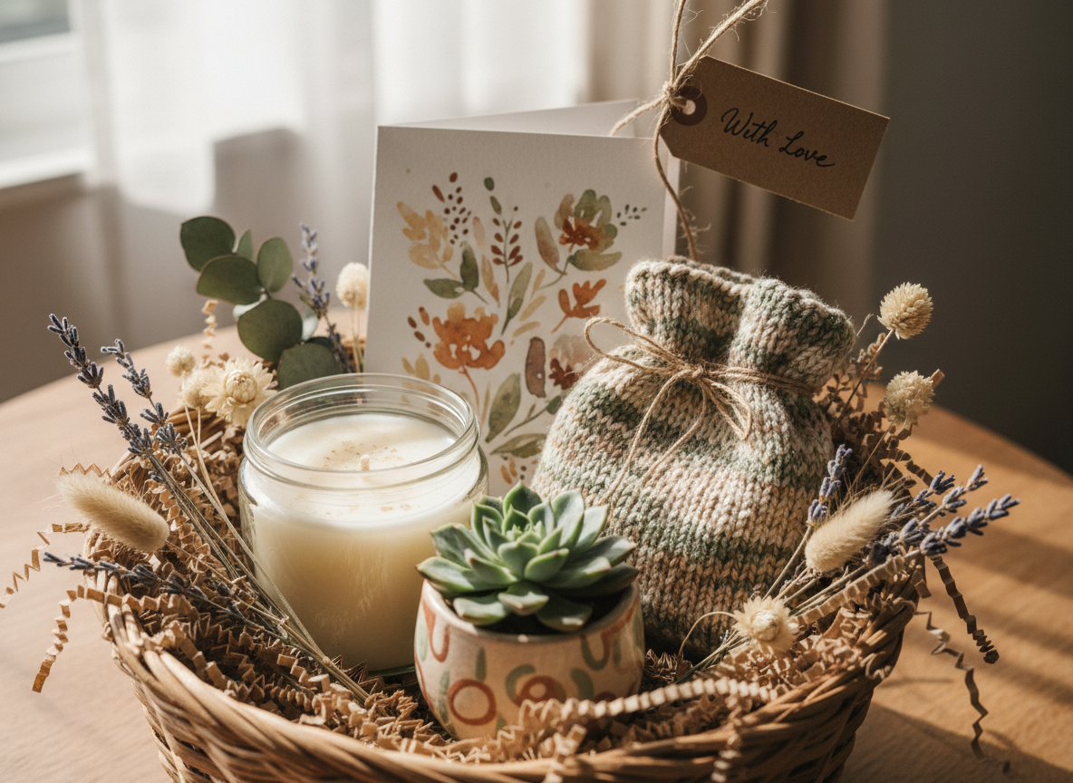Beautifully styled display of finished handmade gifts in a gift basket