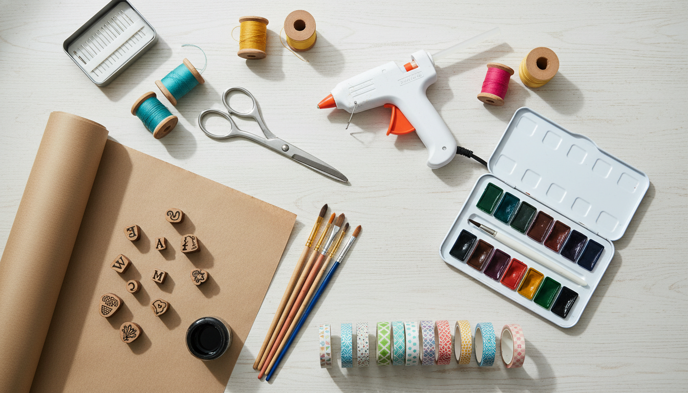 Artistic flat lay of crafting supplies and tools on a wooden surface