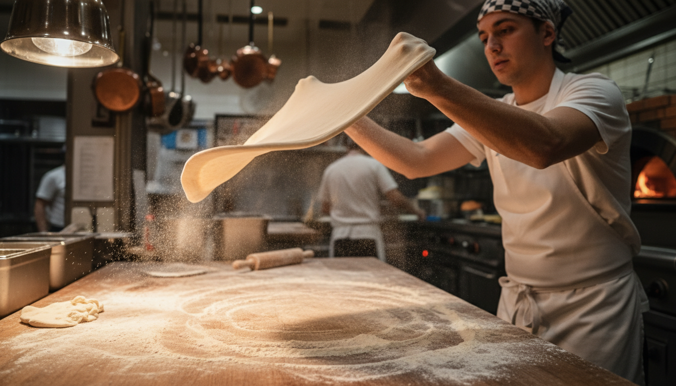 Chef's hands expertly stretching fresh pizza dough on a floured wooden surface