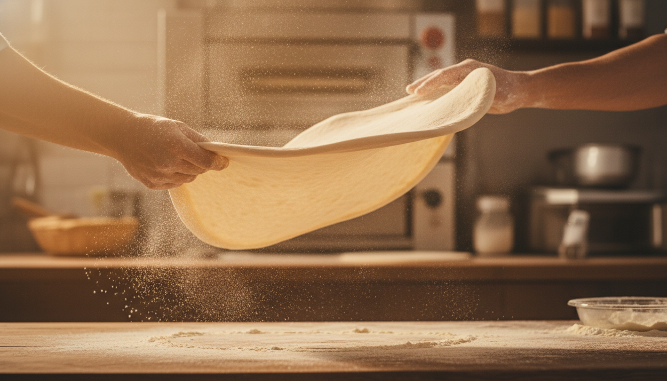 Skilled baker hands stretching fresh pizza dough dusted with flour