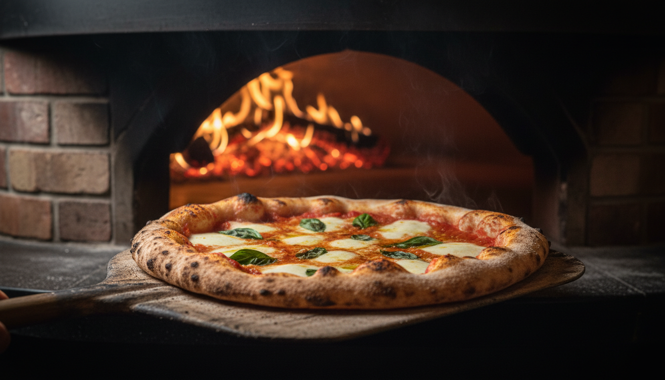 Pizza being pulled from a wood-fired brick oven at Black Box Pizzaco