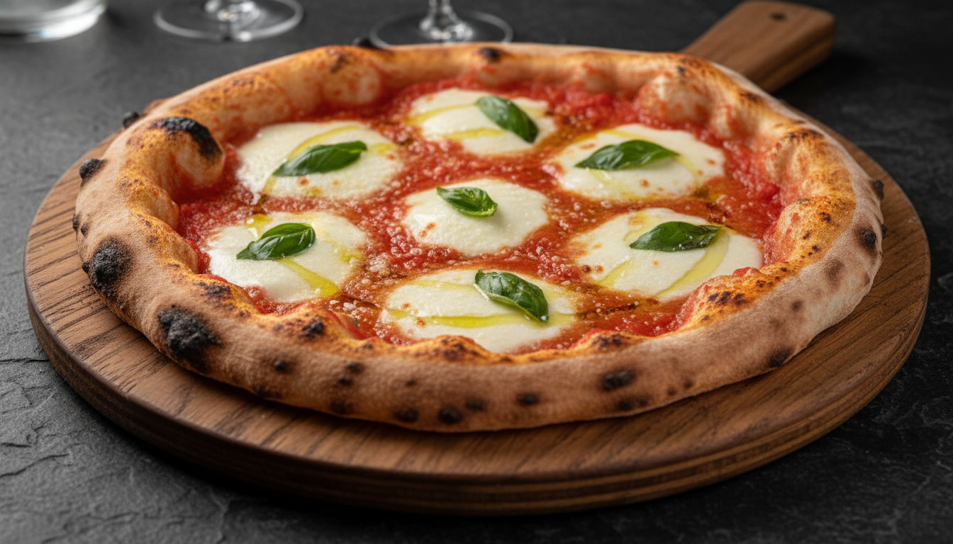 Perfectly finished Neapolitan pizza served on a wooden board with charred crust and fresh toppings