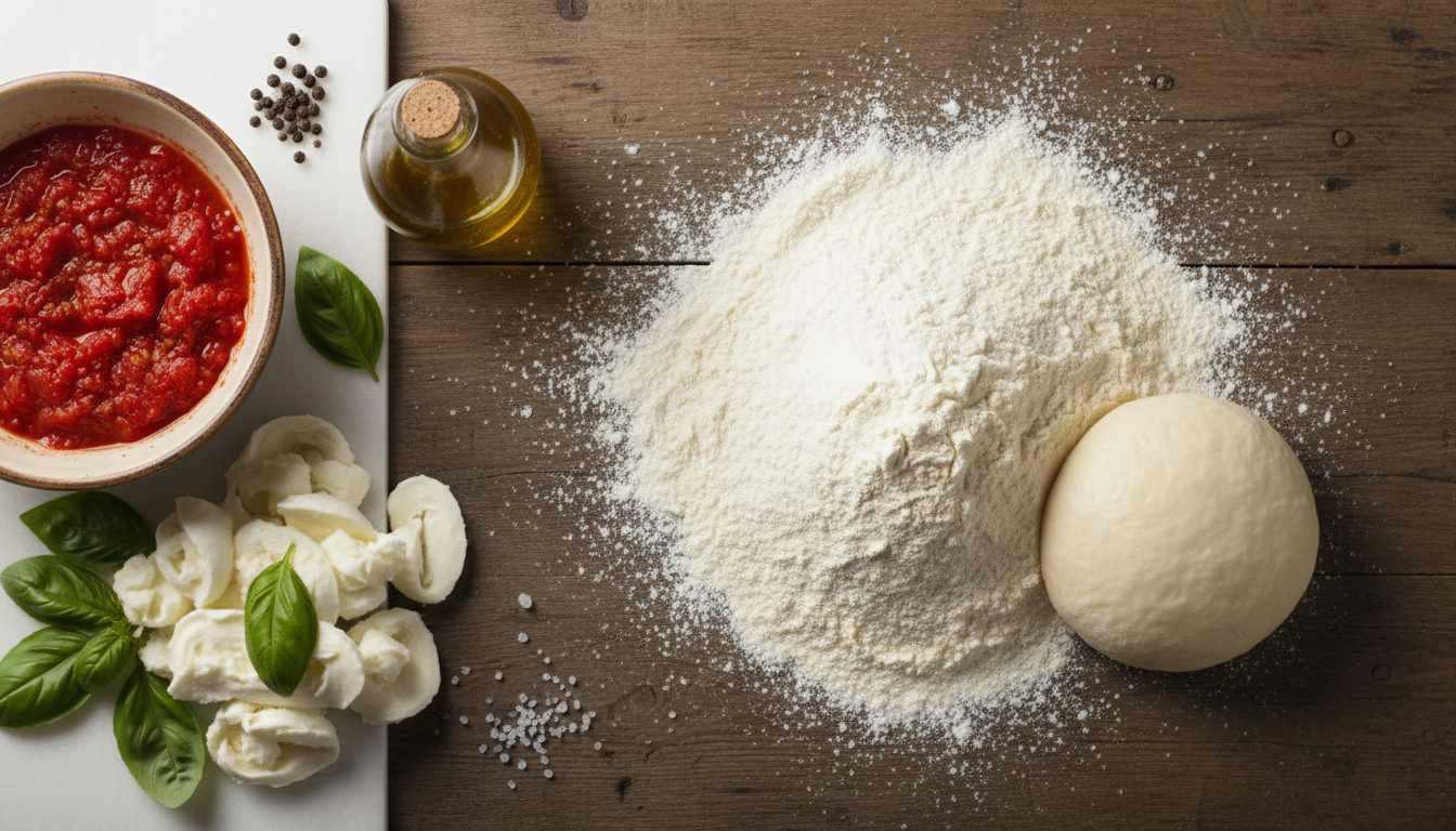 Fresh artisan pizza ingredients including flour, mozzarella, tomatoes and basil