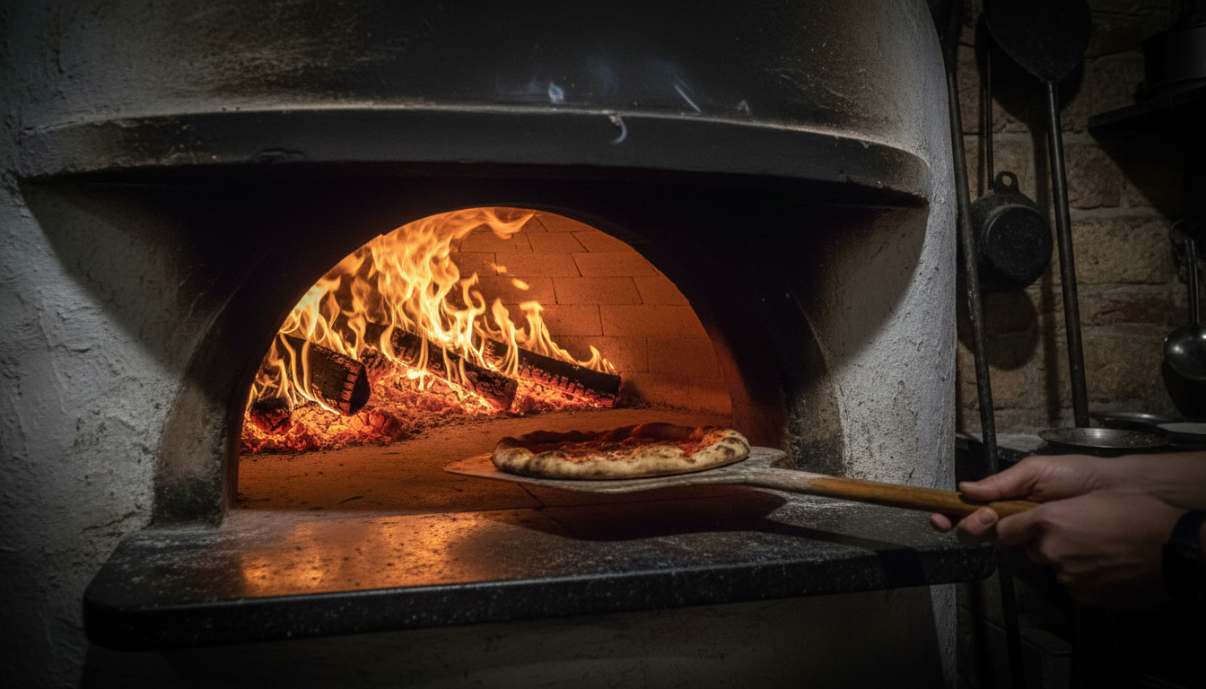 A traditional wood-fired pizza oven with orange flames and a pizza being slid inside