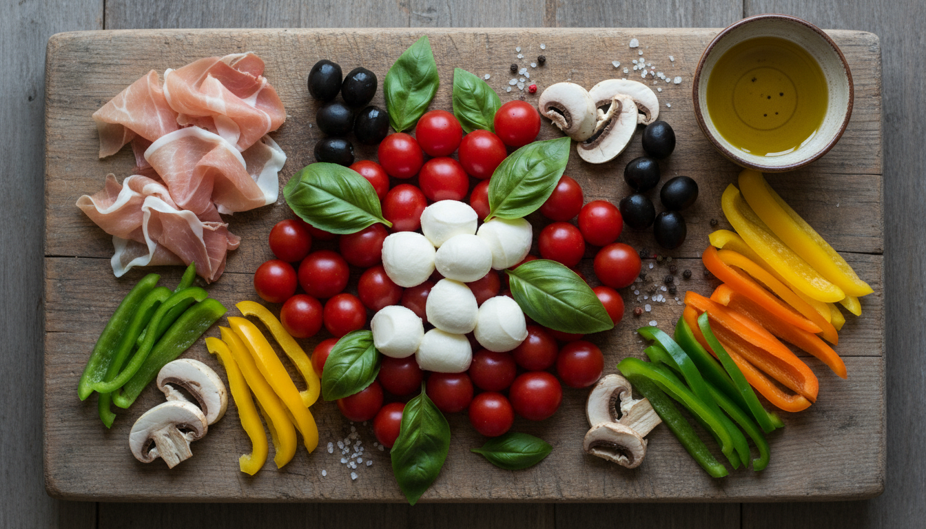 Colorful fresh pizza toppings arranged on a rustic wooden board