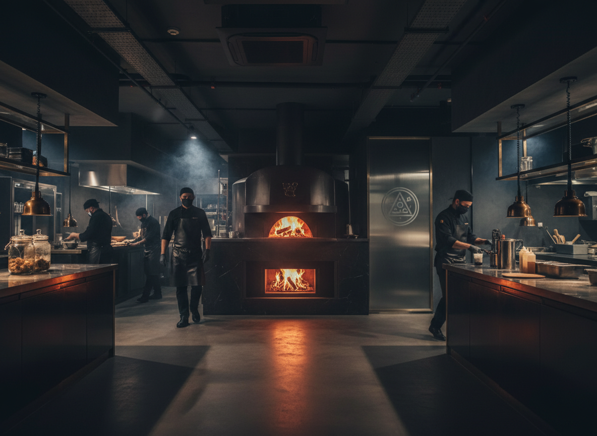 Atmospheric pizza kitchen with glowing wood-fired oven