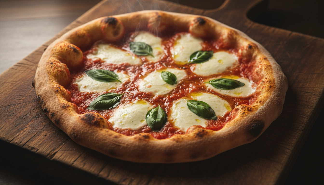 Overhead shot of a freshly baked artisan Neapolitan pizza on a rustic wooden board