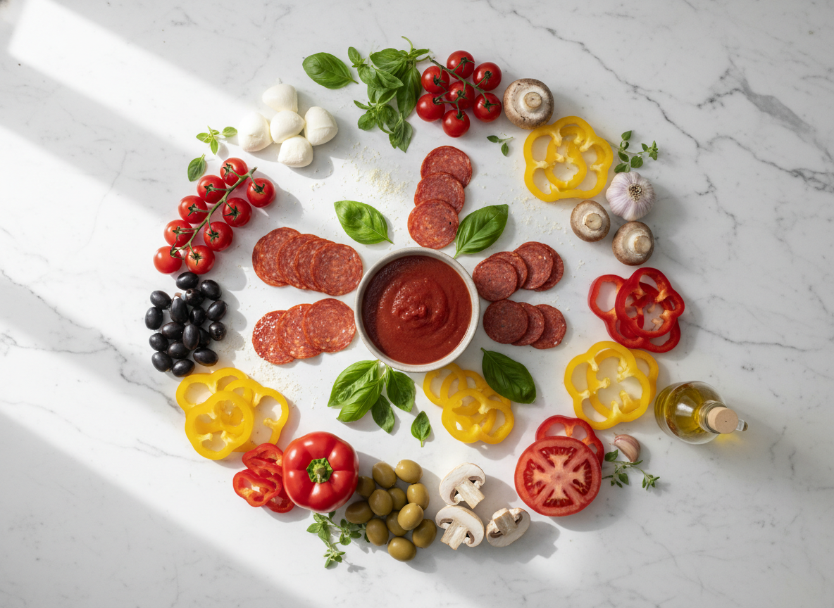 Fresh pizza ingredients flat lay with mozzarella, tomatoes, basil, and toppings