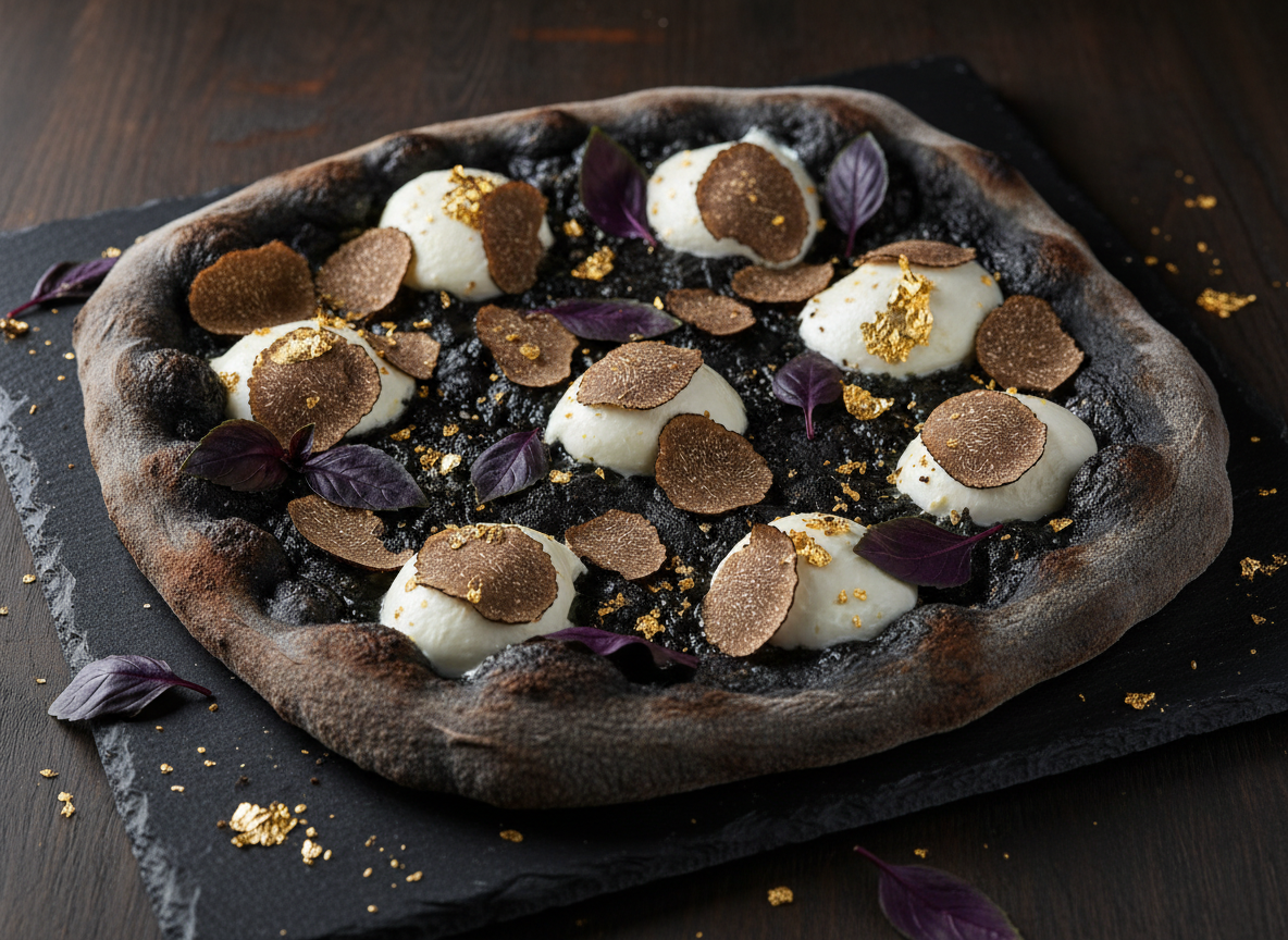 Exotic pizza toppings including black truffles and edible gold