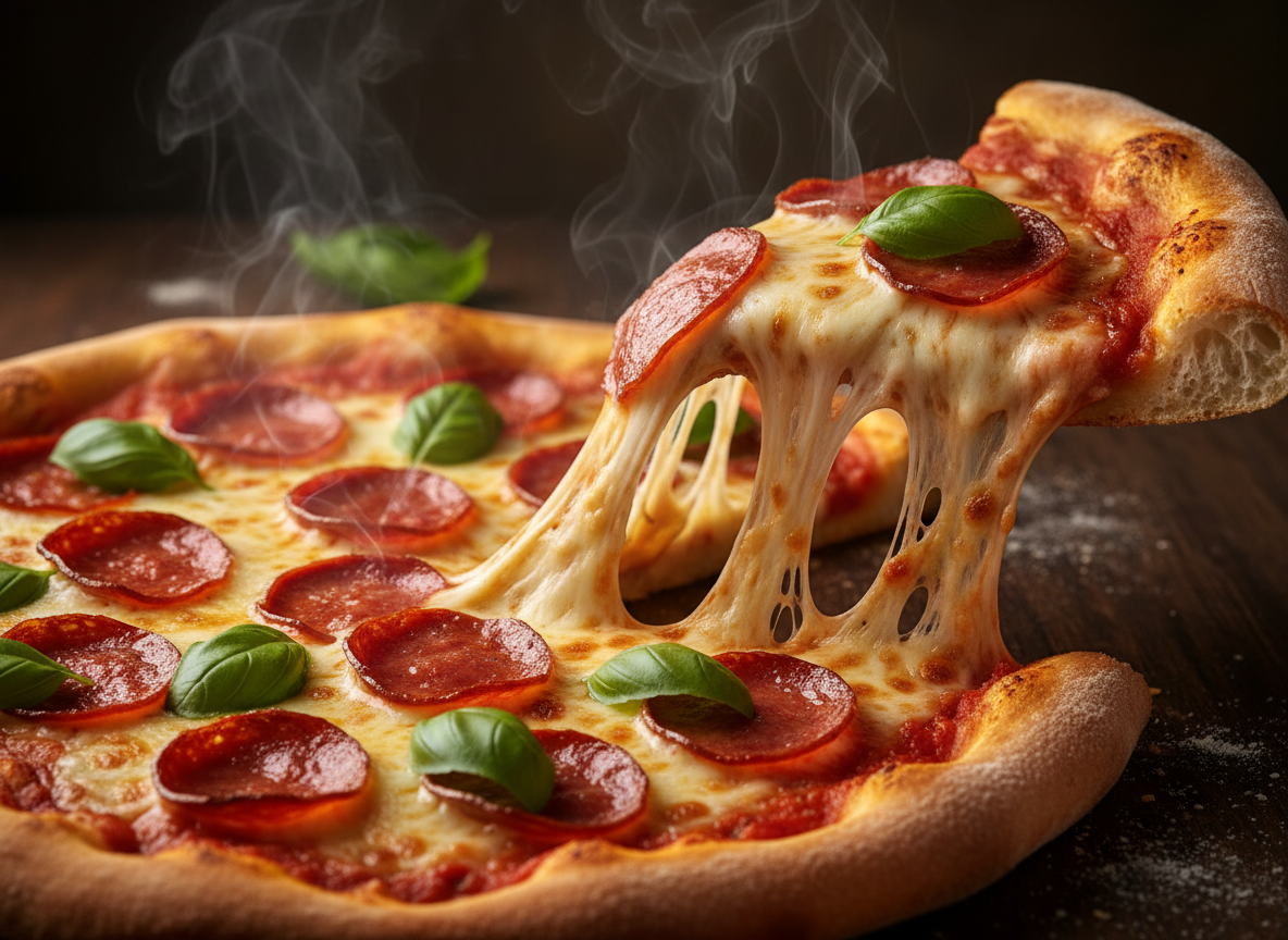 Gooey cheese pull from a hot slice of pizza