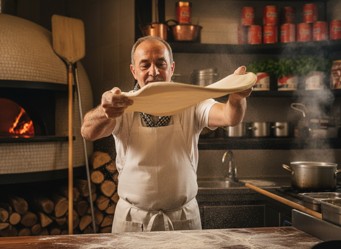 Pizza chef expertly stretching pizza dough in a pizzeria kitchen