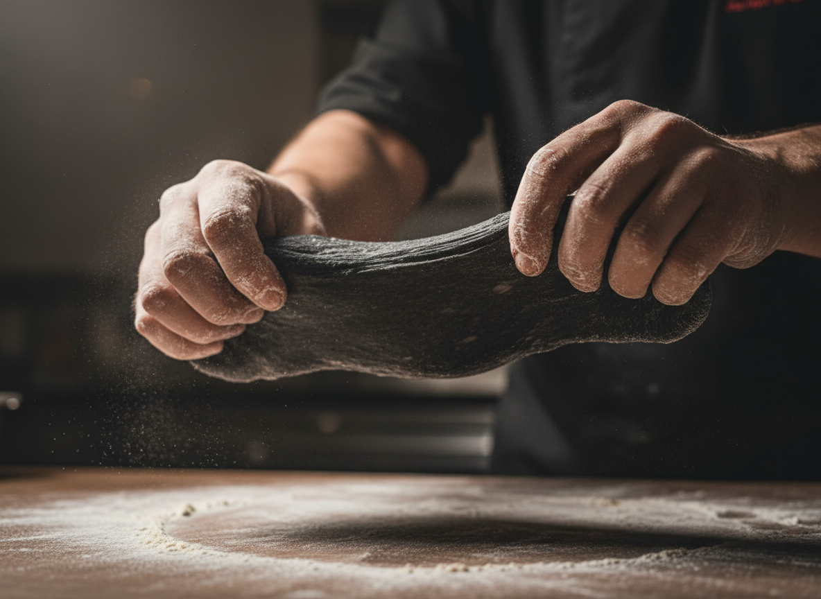 Dark charcoal-infused pizza dough being hand-stretched